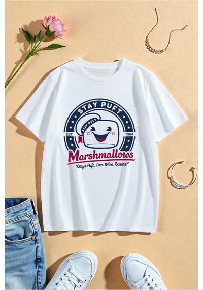 Uyguntarz Unisex Sevimli Marshmallows Baskılı Tasarım Tshirt Beyaz