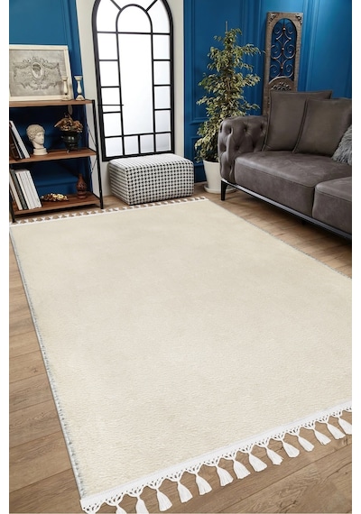 Vl Comfort Düz Saçaklı Peluş Halı Ekru Ekru