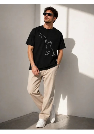 Defymoda Erkek Minimal Kedi Çizim Baskılı Tişört Kısa Kol Yazlık T-shirt - Siyah