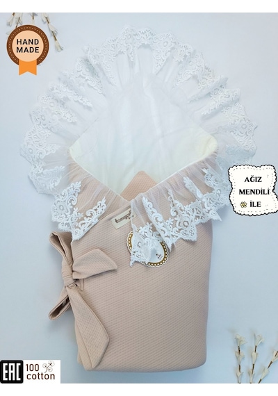 Dantelli Bebek Battaniyesi %100 Pamuklu Doğal Organik Uyku Kundağı Hediyelik Yenidoğan Mevlütlük Knd45508 Ekru