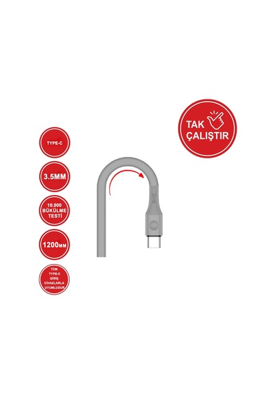 Type-c To 3.5mm Aux Kablo - Silikon, 1.2 Metre, Hi-fi Ses Kalitesi