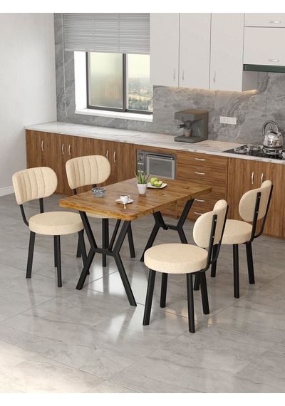 Azra 70x110cm Atlantik Mutfak Masası, Mutfak Masası Takımı, Yemek Masası, 4 Krem Sandalye Krem