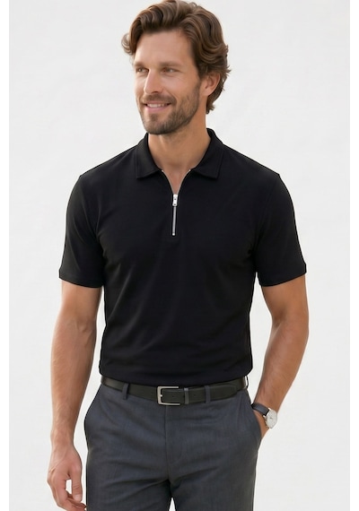 Tudors Erkek Slım Fit Dar Kesim Ekstra Soft Modal Kumaş Kısa Kollu Yarım Fermuarlı Siyah Polo Yaka Tişört-51035