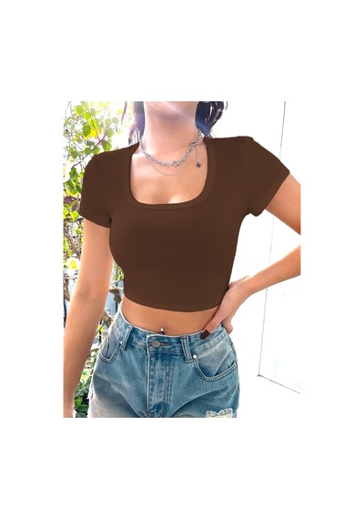 Rooted-kadın Kare & Havuz Yaka Crop T-shirt ,likralı Fitilli Kaşkorse Kumaş Kahverengi