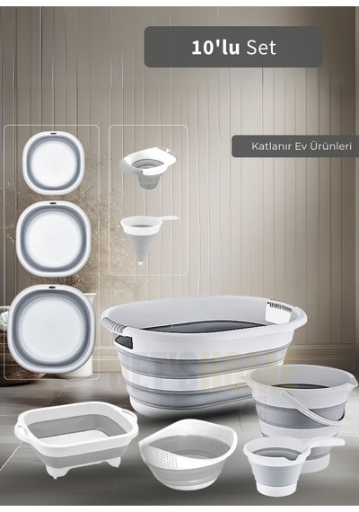 Jet's Home 10'lu Set Katlanır Sele- Badya- Kova- Maşrapa- Pirinç Süzgeci- Kesim Panosu-huniler Bpa Free Beyaz - Gri