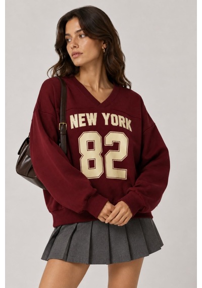 Vadon 1046 Kadın V Yaka New York Baskılı 3 İplik Pamuklu Sweatshirt Bordo
