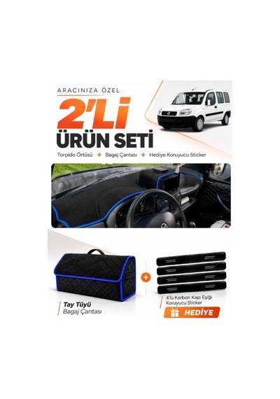 Fıat Doblo 2000-2008 Airbagsiz Büyük Ekran Uyumlu Torpido Örtüsü Tay Tüyü Çanta Seti - Siyah Mavi