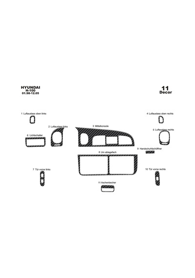 Hyundai H 100 Torpido Kaplama 1998-2004 11 Parça Karbon
