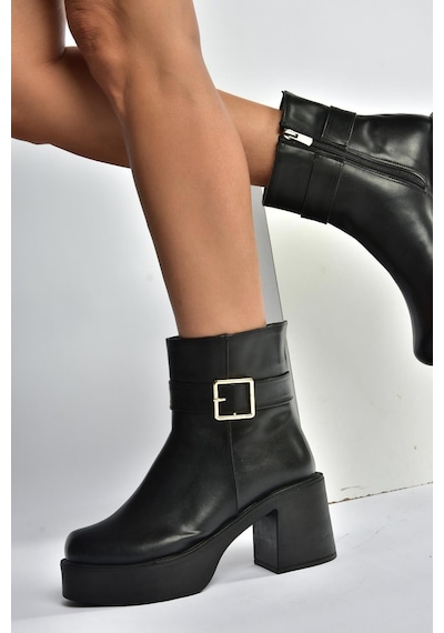 Fox Shoes V726446609 Siyah Kalın Topuklu Kadın Bot Siyah-Suni Deri