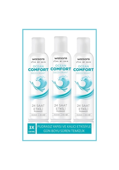 Watsons Ocean Comfort 24 Saat Etkili Pudrasız Sprey Deodorant 3 x 150 ML