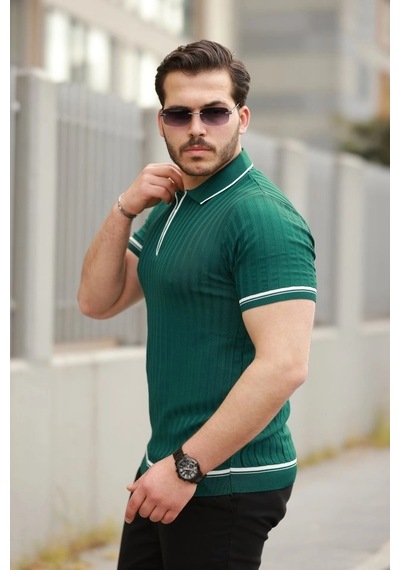 Vexor Erkek Fermuarlı Yakalı Kısa Kollu T-shirt Yeşil