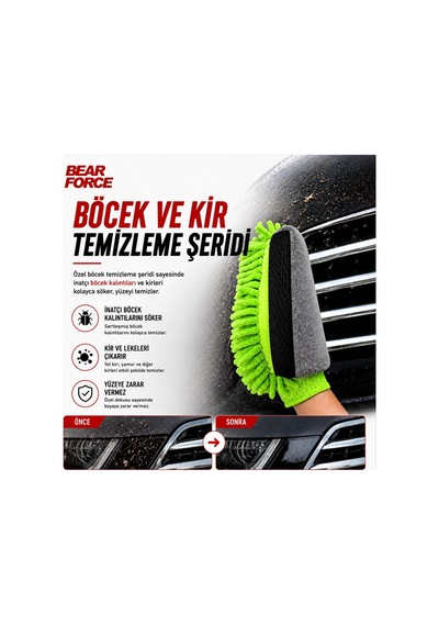 Robeve Bear Force 3 Ü 1 Arada Makarna Peluş Mikrofiber Araç Yıkama Eldiveni Böcek Temizleme Yüzeyli, Çiziksiz Oto Yıkama Eldiveni, Yüksek Köpük Tutucu Kir Hapsedici Mikrofiber Temizlik Eldiveni