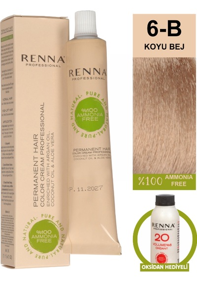 Renna Bitkisel Amonyaksız Saç Boyası 60 Ml 6-b Koyu Bej Oksidan Hediyeli