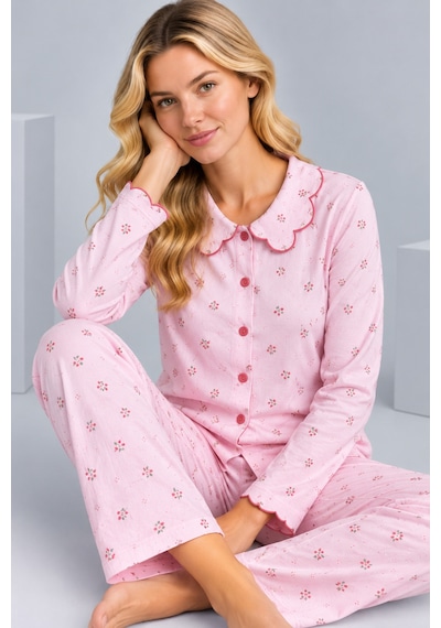 Pijamask Kadın Çiçek Desenli Bebe Yaka Düğmeli Uzun Kollu Müslin Pijama Takımı Pembe