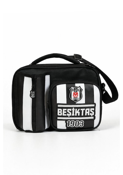 Beşiktaş Lisanslı Çubuklu Desen Rubber Logolu Su İtici Kumaşlı Beslenme Çantası Siyah - Beyaz