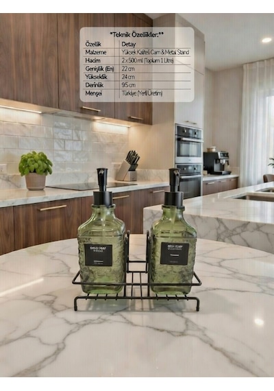 Modern Çizgili - Kabartmalı Cam İkili Sıvı Sabunluk & Deterjanlık Seti - 500ml Standlı Mutfak Ve Banyo Organizeri Yeşil
