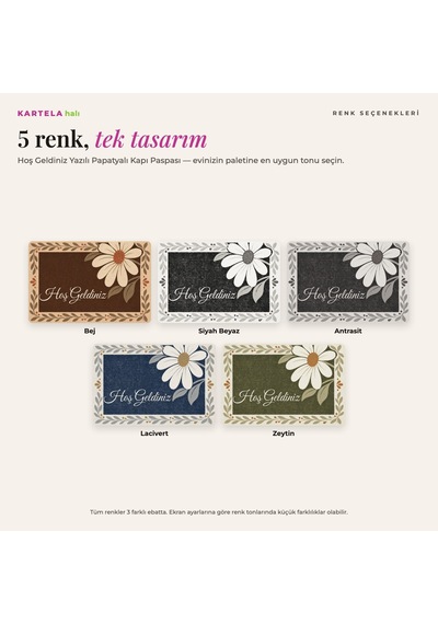 Kartela Halı Hoş Geldiniz Yazılı Papatyalı Kapı Paspası Lacivert Kaymaz Kauçuk Taban 60x90 Cm