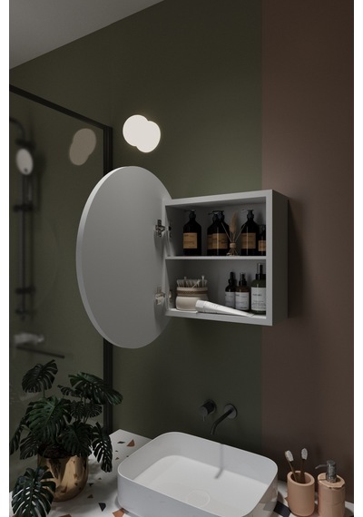 Oval Aynalı Banyo Dolabı Lavabo Üstü Kapaklı Banyo Aynası Duvar Dolabı Beyaz