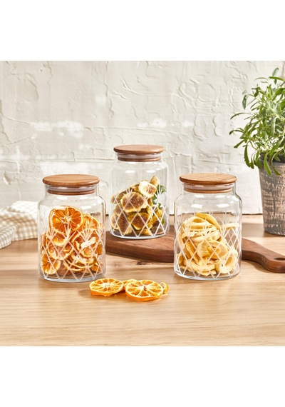 Selka Home - 3'lü Kesme Detaylı Ahşap Kapak Kavanoz 890 Ml