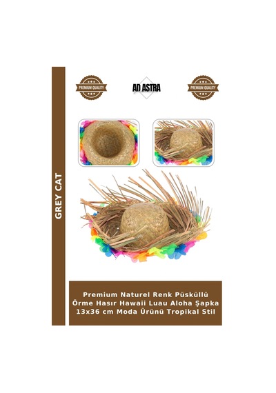 Grey Cat Premium Naturel Renk Püsküllü Örme Hasır Hawaii Luau Aloha Şapka 13x36 Cm Moda Ürünü Tropikal Stil