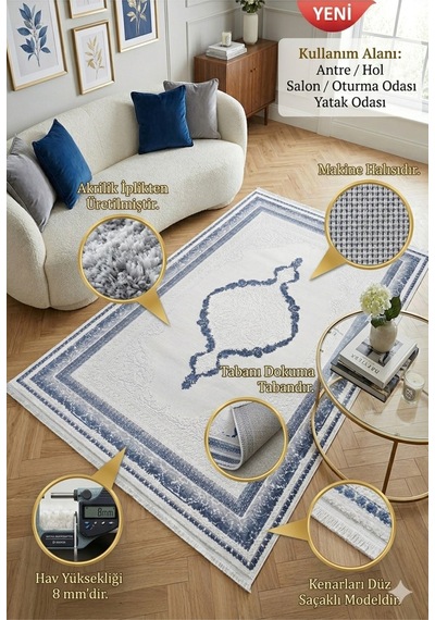Aura Rugs Mavi Madalyon Desenli Akrilik Modern Salon Halısı - Dokuma Tabanlı 8mm Hav Yüksekliği Çok Renkli