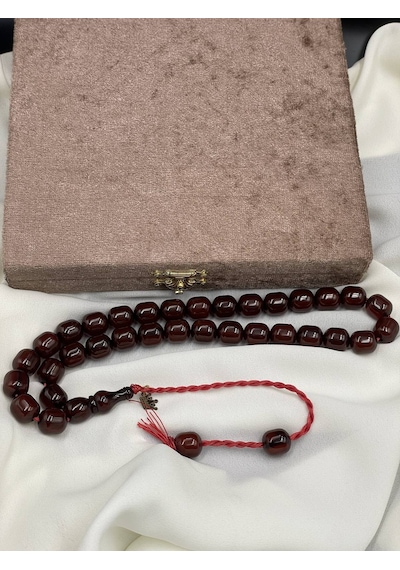Omari Osmanlı Benzetme Kapsül Kesim Koyu Vişne Sıkma Kehribar Tesbih 11x12 Mm Bordo