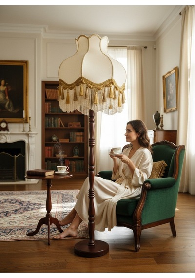 Beyaz Kadife Gold Detaylı Başlık Kahverengi Ahşap Ayaklı Lambader Vintage Model 170x45cm