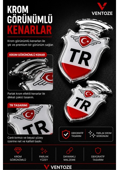 2 Adet Tr Logo Krom Görünümlü Pleksi Arma Oto Dekoratif Etiket Çiftli Set 5,5x3,5 Cm