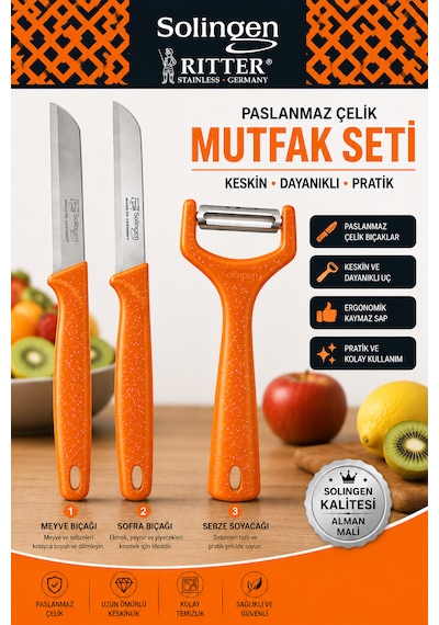 Solingen Ritter 3'lü Paslanmaz Çelik Mutfak Seti Turuncu
