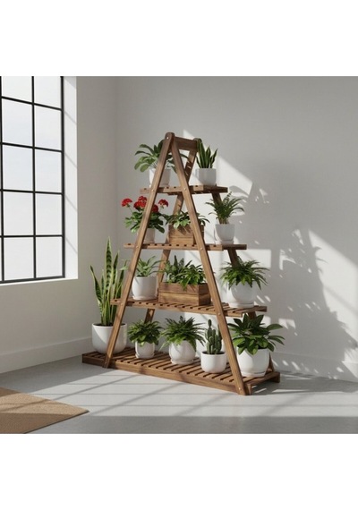 Doğal Ahşap 5 Katlı Merdiven Çiçeklik - 150x150 Cm Taşınabilir Saksı Standı Balkon Bahçe Rafı Kahverengi