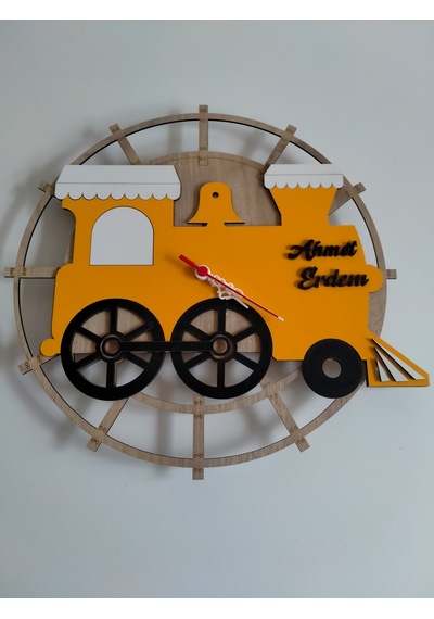 Tren Duvar Saati Kişiye Özel İsim Yazılı Turuncu