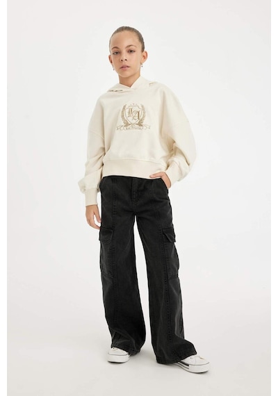 DeFacto Kız Çocuk Ekru Oversize Geniş Kalıp Kapüşonlu İşlemeli Kalın Sweatshirt D2885A824WNER233
