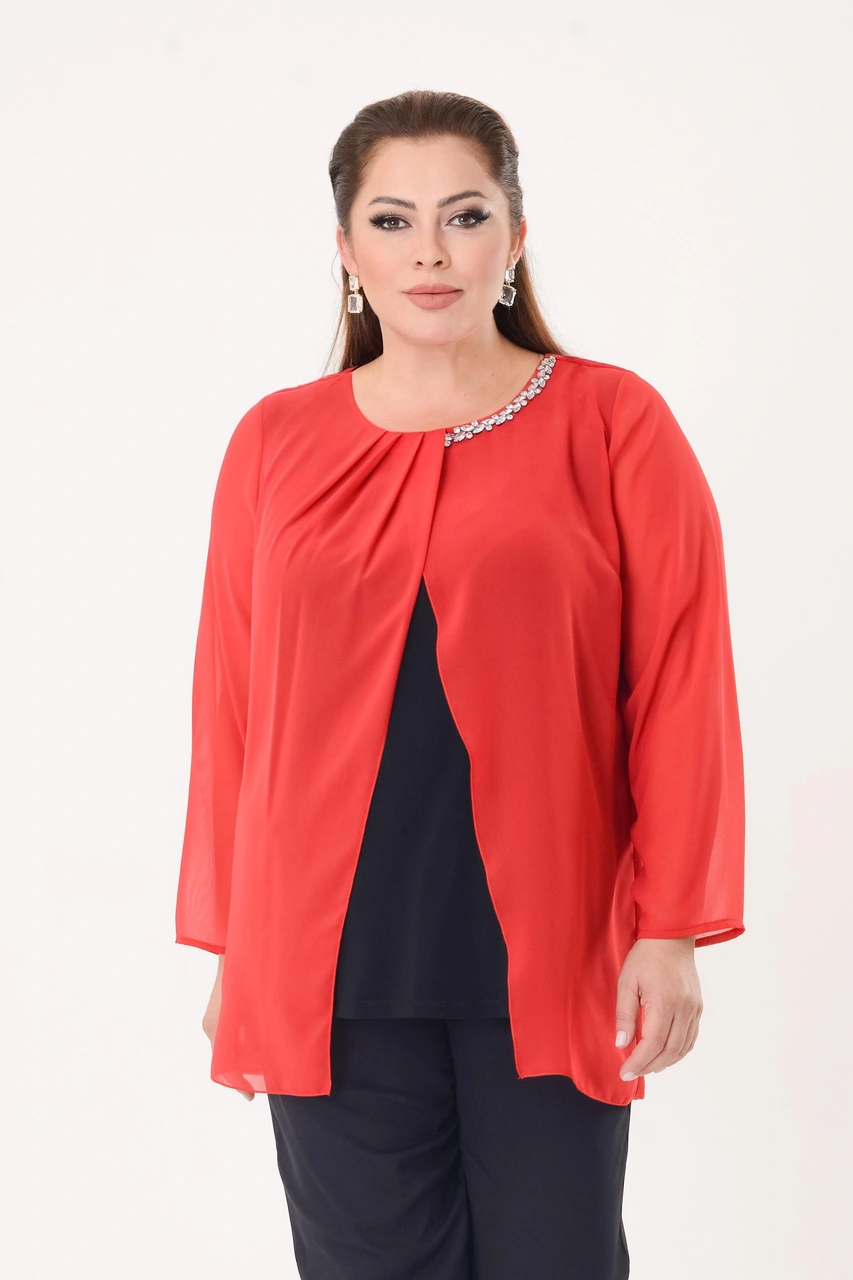 Lilas Xxl Büyük Beden Kırmızı Renkli Şifon Bluz Kırmızı