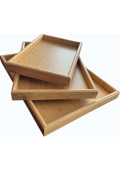 Doğal Bambu Sunum Tepsisi Seti, İç İçe Geçebilir Dikdörtgen Servis Tepsisi, 3'lü Set, 40x30, 35x25, 30x20 Cm Diğer