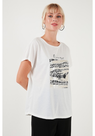Lela Baskılı Bisiklet Yaka Regular Fit Bayan T Shirt 6671000 Ekru