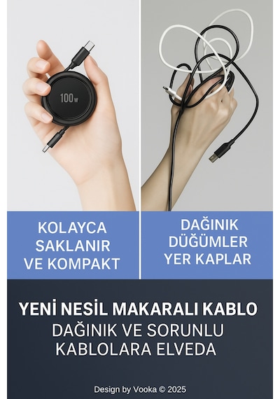100w Type-c Makaralı Hızlı Şarj Kablosu Ultra Güçlü, Dayanıklı Ve Taşınabilir Tasarım