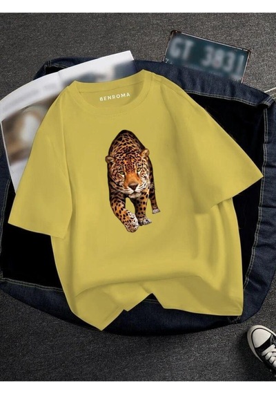 Kaplan Baskılı Oversize Unisex Tişört Sari