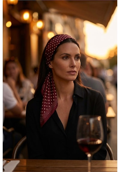 Last İcon Bordo Krem Puantiyeli İpek Fular Şal Bandana Boyun Aksesuarı Bordo