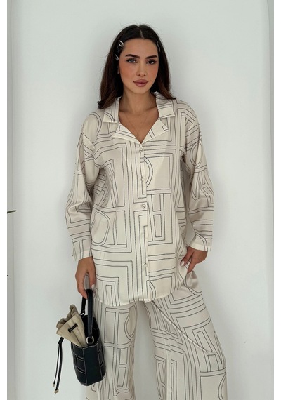 Asprin Fashion Geometrik Desen Modal Saten Takım Beyaz Beyaz