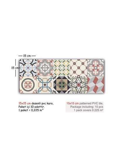 Tink Kendinden Yapışkanlı Patchwork Desenli Pvc Karo Kaplama 15x15 Cm 10'lu Paket