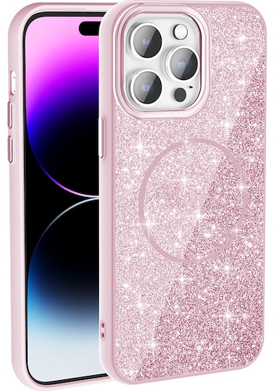 Rba Aksesuar Apple Uyumlu iPhone 14 Pro Max Kılıf M-safe Şarj Özellikli Parlayan Simli Rba Okso Kapak - Pembe Pembe