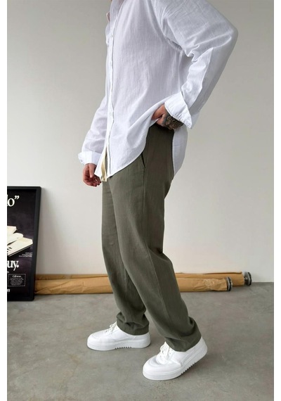 Haki Baggy Keten Pantolon Haki