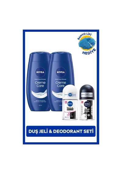 Nıvea Kadın Ve Erkek Roll-on Deodorant Black&white 25ml, Creme Care Duş Jeli X2 Adet, Banyo Lifi Hediye, Avantajlı Aile Paketi Bal - Süt