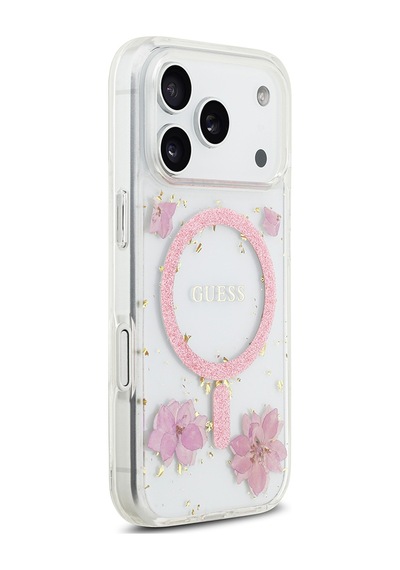 Apple Uyumlu iPhone 17 Pro Kılıf Guess Lisanslı M-safe Şarj Özellikli Transparan Resin Flowers Kapak Pembe Pembe