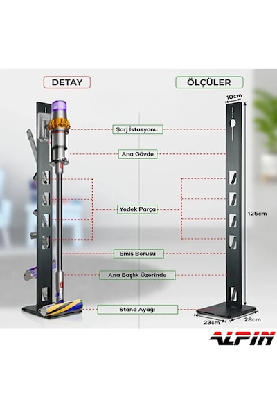 Api Desing Dyson Uyumlu Metal Dikey Süpürge Standı Siyah Renk V15 - V12 - V11 - V10 - V8- V7- V6 Ve Tüm Şarjlı Süpürge Modelleri İle Uyumlu