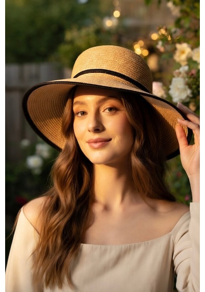 Mollycrush Kadın Siyah Şerit Detaylı Geniş Kenarlı Hasır Plaj Şapkası Geniş Kenarlı Güneş Koruyucu Fötr Camel