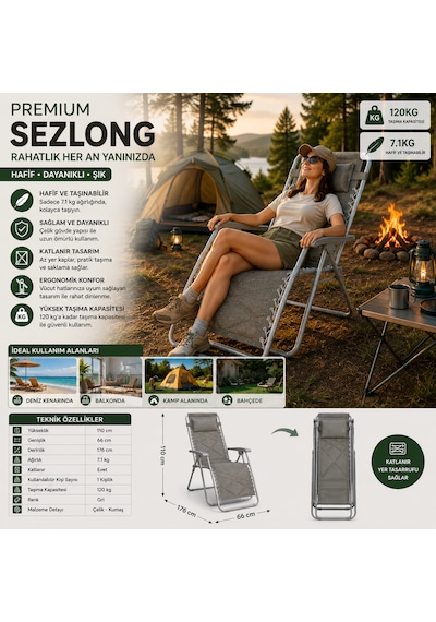 Premium Katlanır Şezlong Gri Ergonomik Bahçe, Kamp, Havuz, Balkon Ve Plaj Dinlenme Koltuğu Çelik Gövde 120 Kg Taşıma Kapasiteli