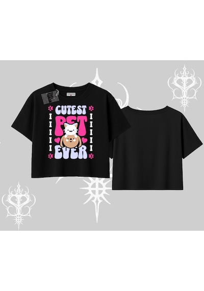 Tarzsokak Best Pet Ever Baskılı Oversize Crop Tshirt Siyah