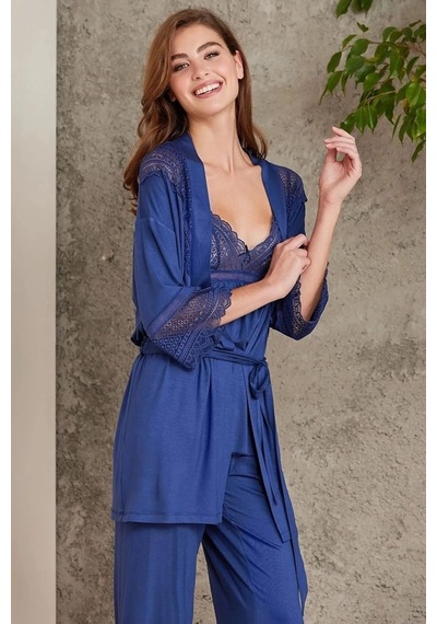 Pierre Cardin 2820 Kadın Penye Dantelli Sabahlıklı Pijama Takım-lacivert Lacivert