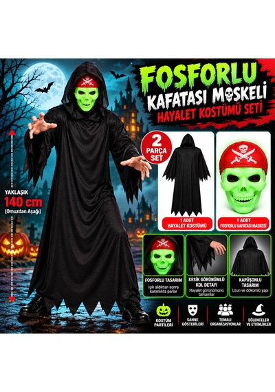 Fosforlu Kafatası Maskeli Siyah Hayalet Kostümü 140 Cm Çok Renkli